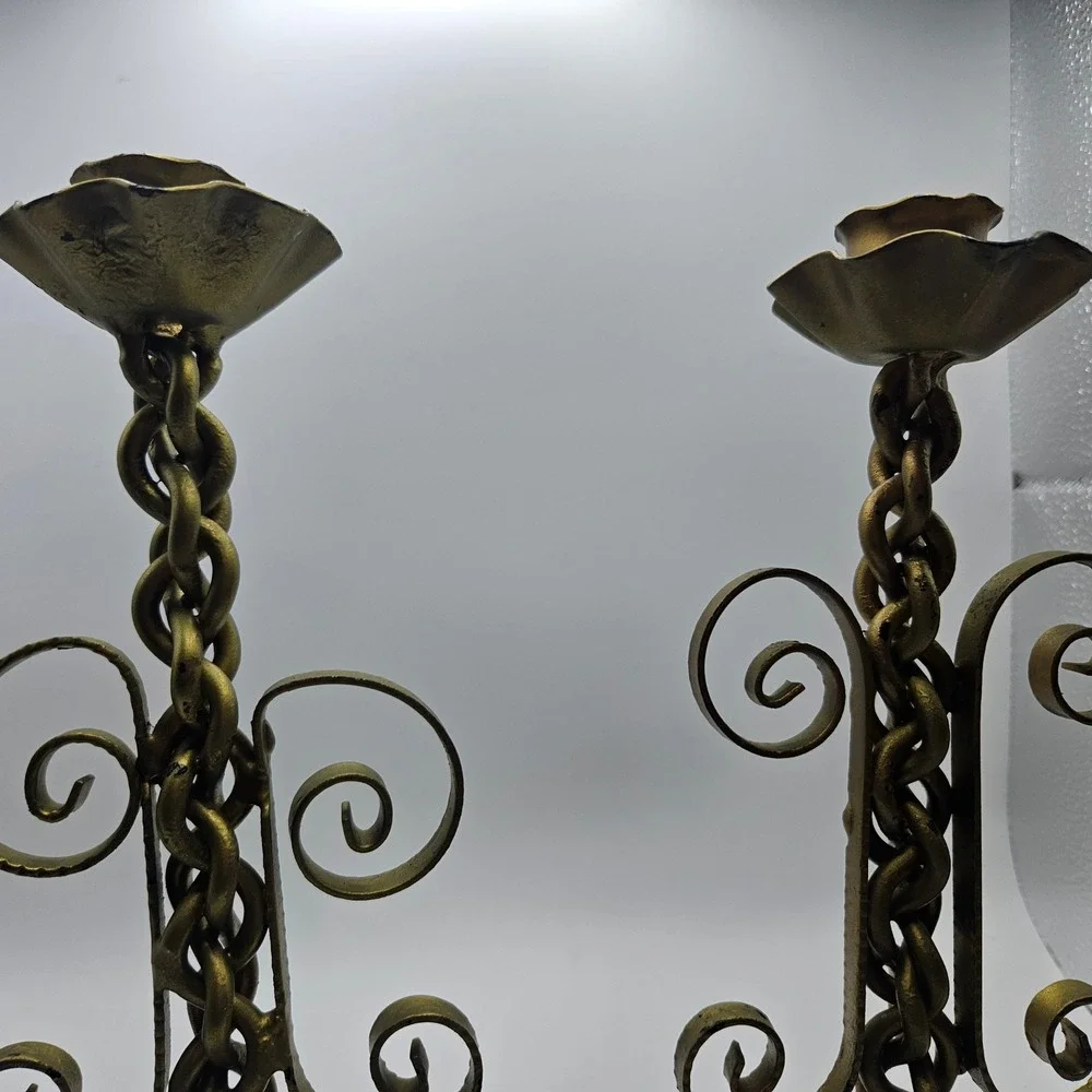 Vintage Wrought Iron Candle Holders Pair Ornate Gold Tone Metal‎ Candlesticks